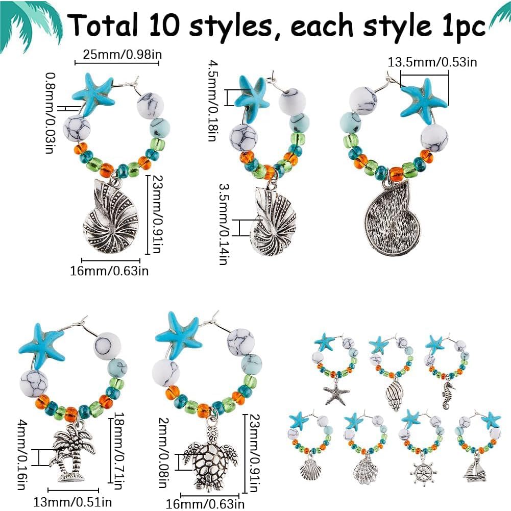 SUNNYCLUE 1 Box 10PCS Alloy Beach Drink Charms Stone Wine Glass Charms Turquoise Energy Stone Beads Summer Turtle Hawaii Drinks Marker Identifiers Tags for Stem Glasses Wine Tasting Party Decor