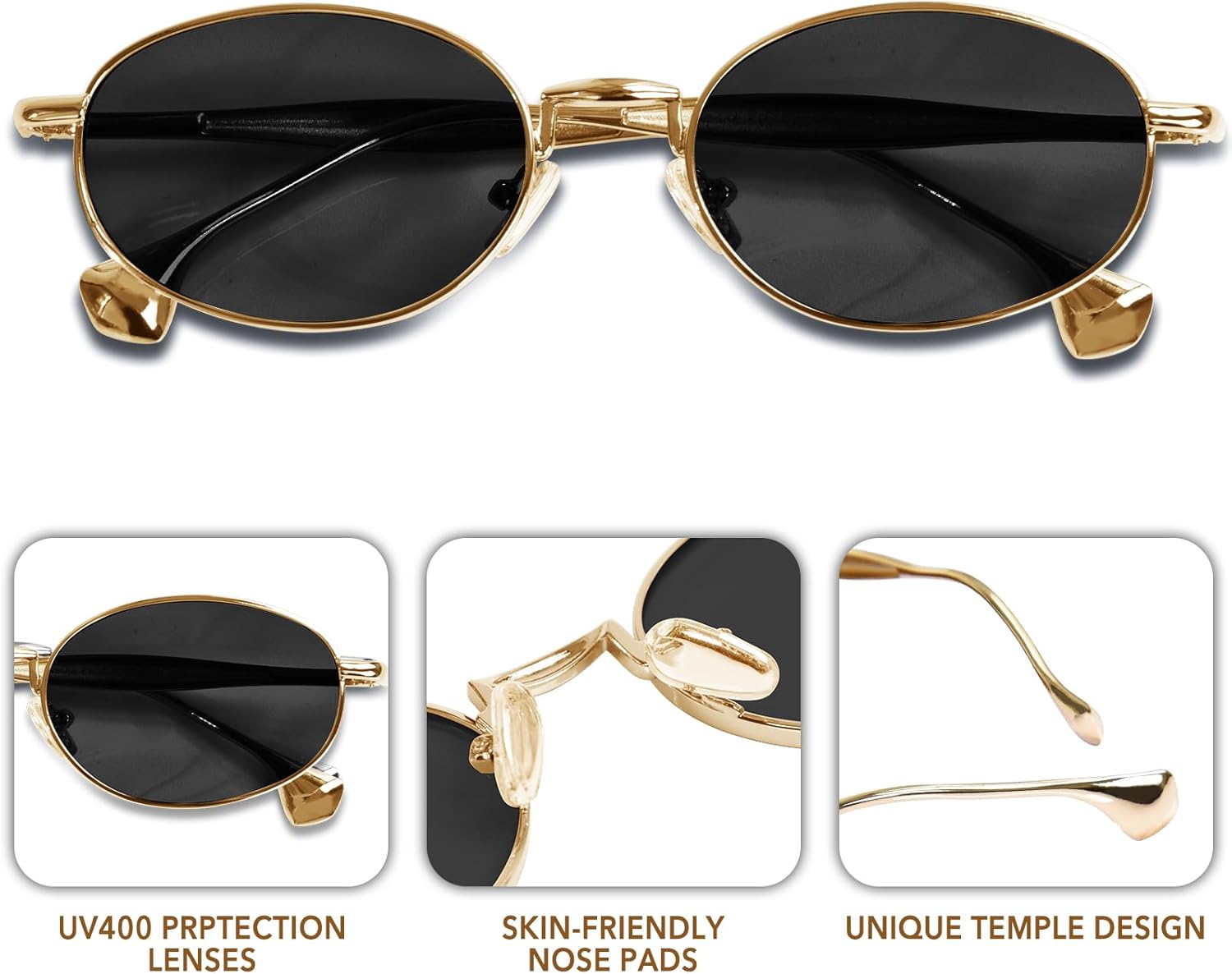 Retro Oval Sunglasses for Women Men UV400 Protection Trendy Metal Frame Sun Glasses with Unique Temple Design - Image 2