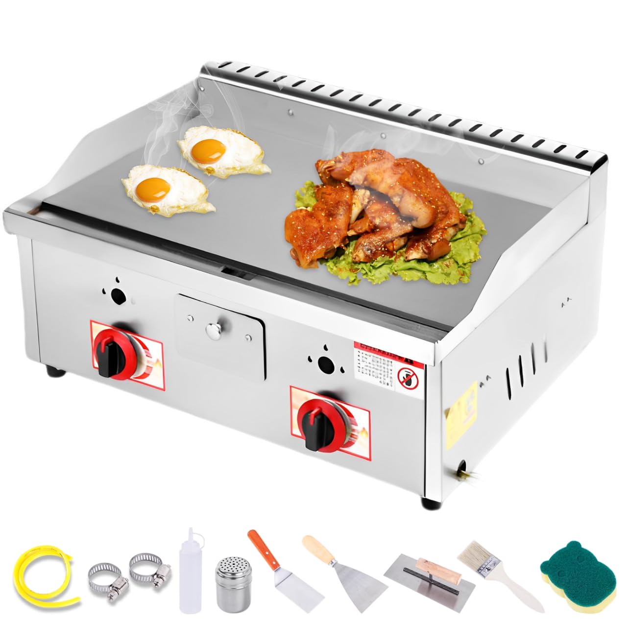 Plancha à gaz butane professionnelle, plaque en acier inoxydable 55 x 35 cm, protection contre les éclaboussures, tiroir, drainage pour graisse portable, convient pour les restaurants, bars, famille