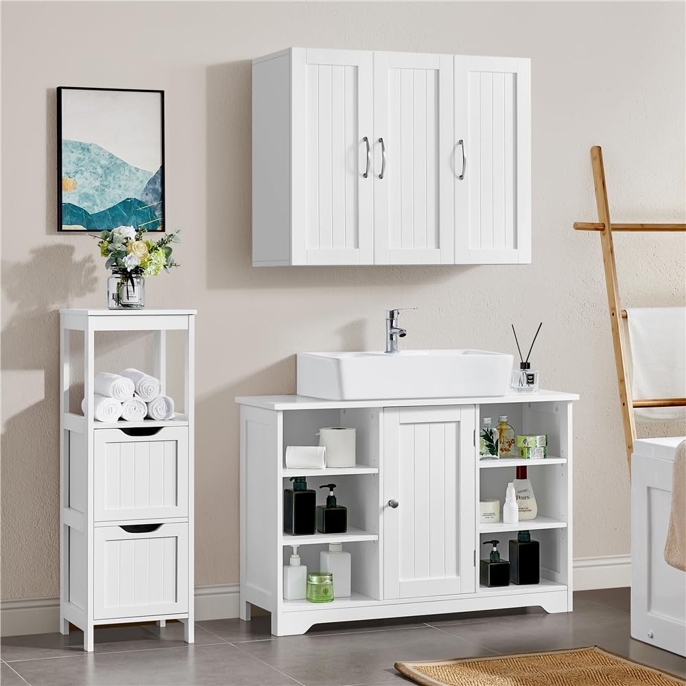 Yaheetech Mobile da Bagno Sottolavabo Mobiletto con Ripiani Portaoggetti Armadietto da Terra per Lavandino Mobile da Archivio con Anta in MDF 60 × 30 × 90 cm Bianco