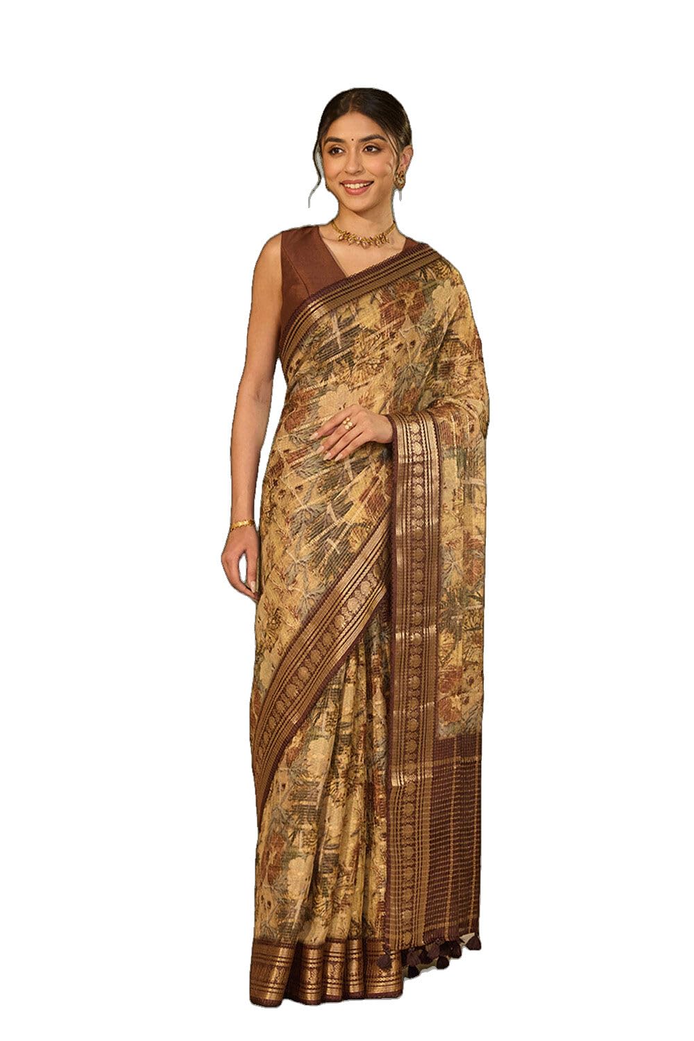 Taneira Yellow Printed Pure Viscose SareeWith Unstitched Blouse(SAPP01AE1638-Yellow)-image-0