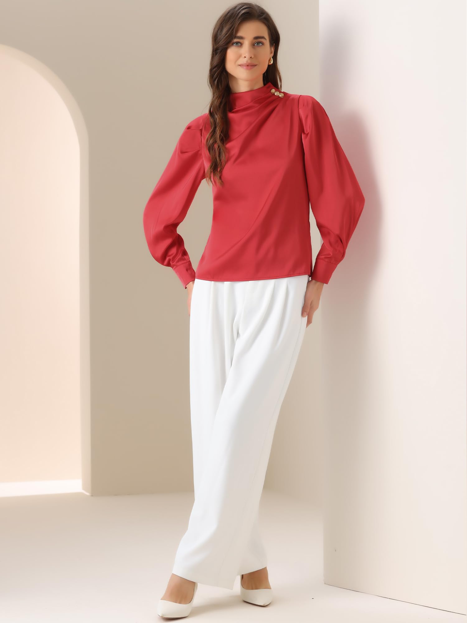 Allegra K Chemisier plissé en satin pour femme, col montant, manches bouffantes, haut habillé et décontracté