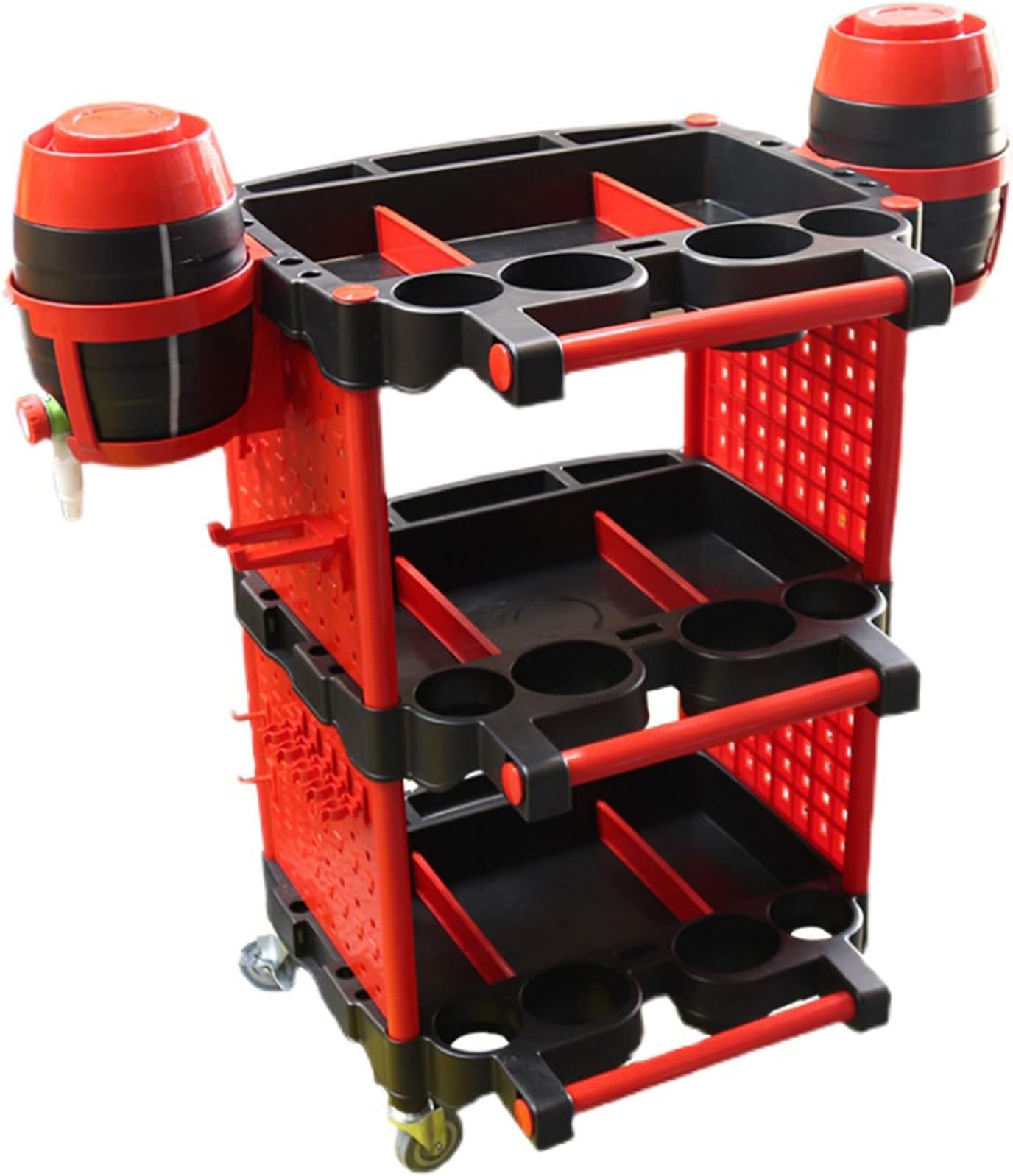 Rolling Utility Tool Car Wash Detail Trolley, 3 Shelf Mechanics Cart Organizer with Side Hanging Plate & Hooks, Industrial Service Cart Storage Shelving, for Garage/Warehouse/Repair Shop