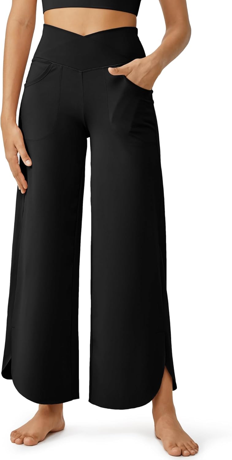 G4Free 25”/27”/29” Wide Leg Pants for Women Loose Yoga Cross High Waist Dance Palazzo Casual Pants with Pockets