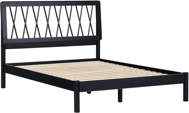 Walker Edison Full Transitional Geometric X Pattern Headboard Solid Wood Bed, Full Size, Black
