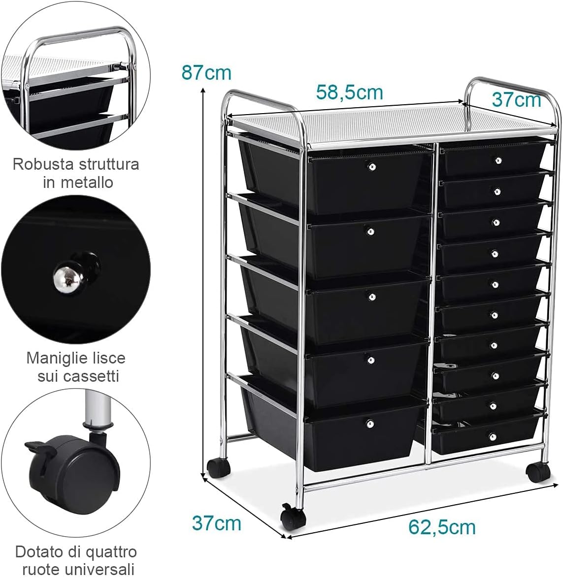 15-Drawer Storage Cart, Mobile Rolling Utility Cart w/Wheels, Multipurpose Organizer Cart for Tools, Scrapbook, Paper, Ideal for Home Office School (Black)