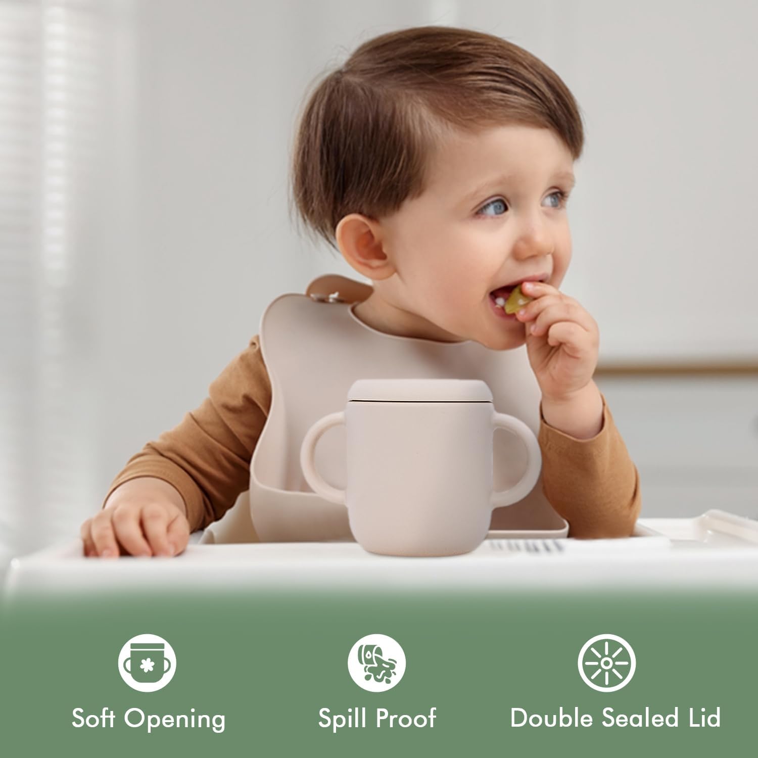 Teo 3-in-1 Baby Sippy & Snack Cup – Spill-Proof Silicone Toddler Cup with Straw & Snack Lid – BPA-Free, Leak-Proof, Dishwasher & Microwave Safe – Easy Grip Training Cup for Babies & Kids - Beige image 4