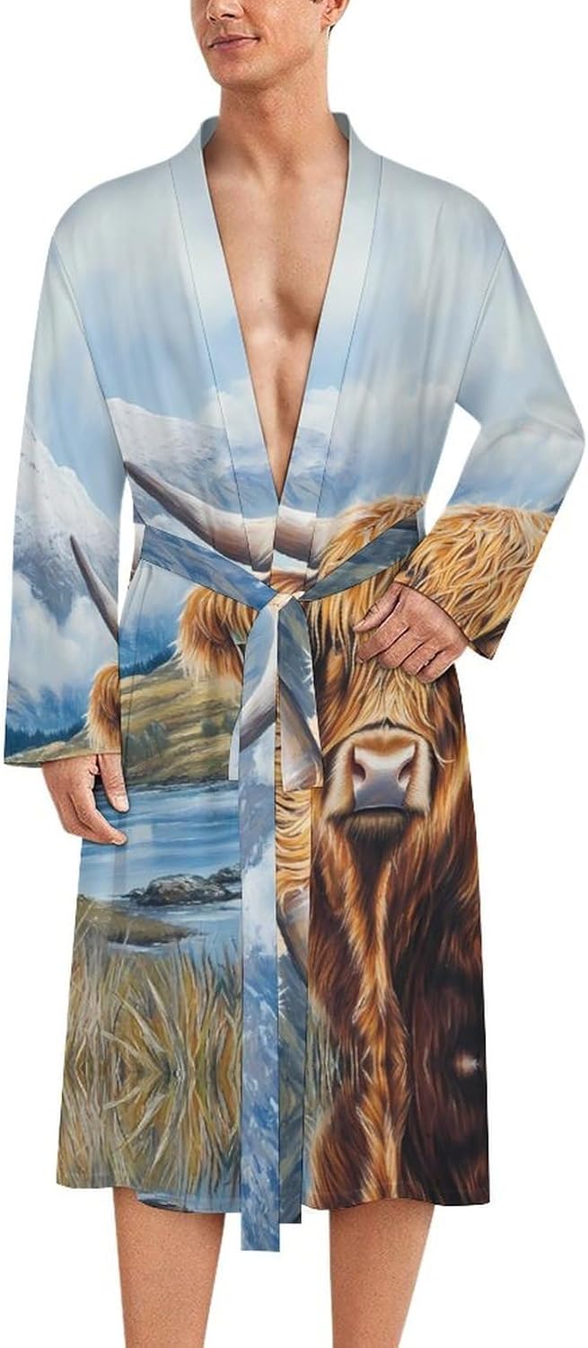 Highland Cow Scottish Mountains Mens Robe Long Bathrobe for Women Bath Robes Lightweight Soft Printed Sleepwear