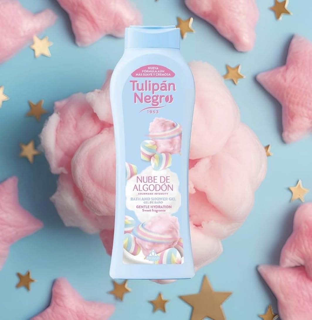 Tulipán Negro Set de Baño Nube de Algodón, Loción Corporal 400ml, Gel de Ducha, Desodorante en Spray, Esponja de Baño Rosa, Fragancia Gourmand