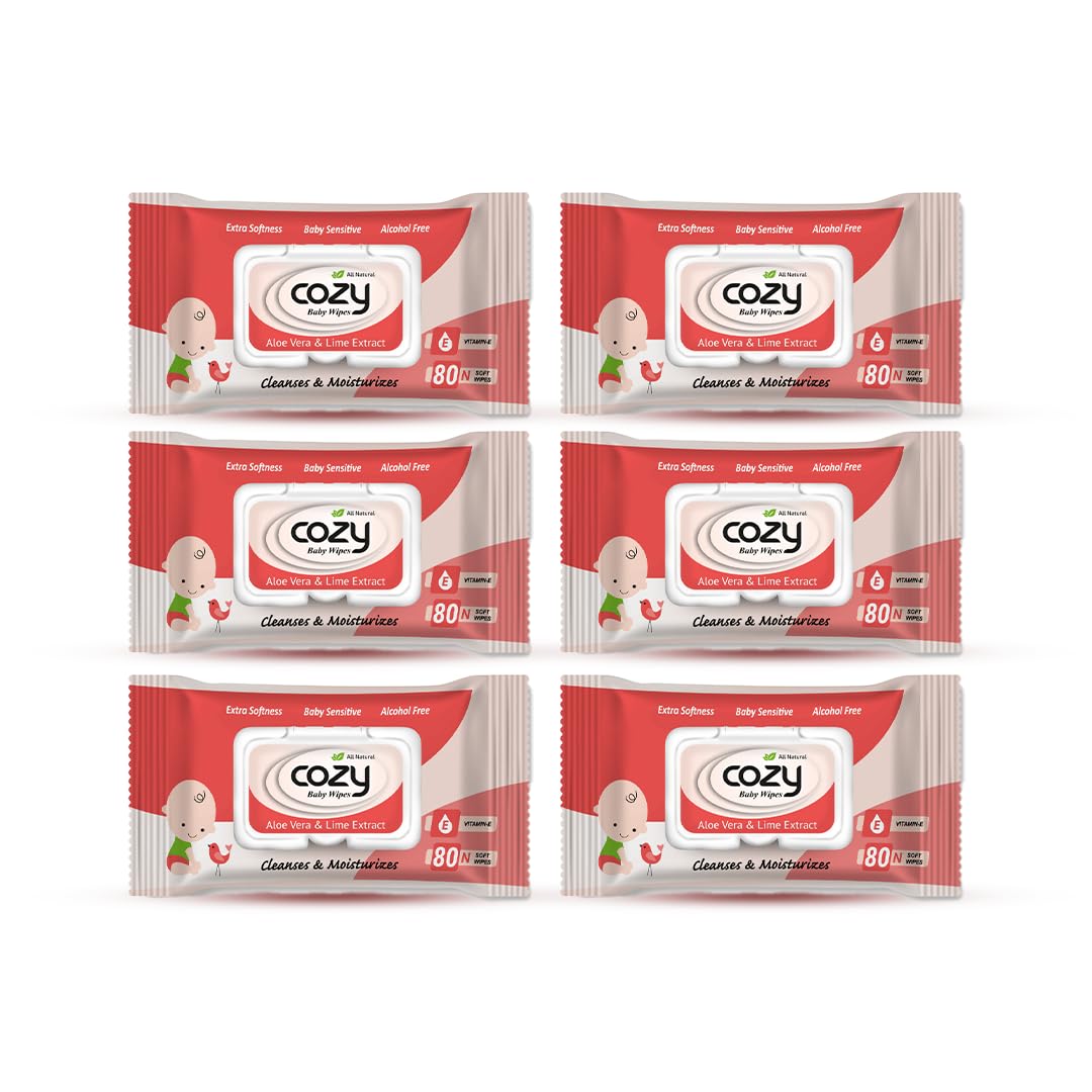 Cozy Baby Wipes, Red Pack of 6 (480 Count) Alcohol free, soft and strong, aloe vera and lime extract, vitamin E, Extra softness, baby sensitive, alcohol free, 15 cm x 20 cm (480 Count (Pack of 6))-image-14