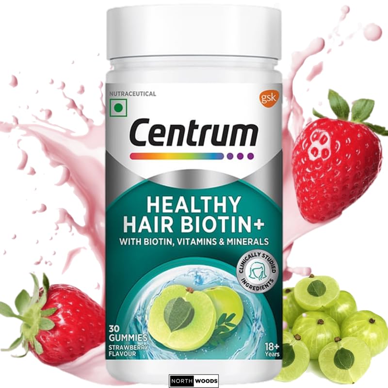 CentrumHealthy Hair Biotin+ | 30 Gummies for Men & Women | 100% RDA of Biotin, Amla, Vitamins & Minerals | World's #1 Multivitamin Brand | 100% Veg
