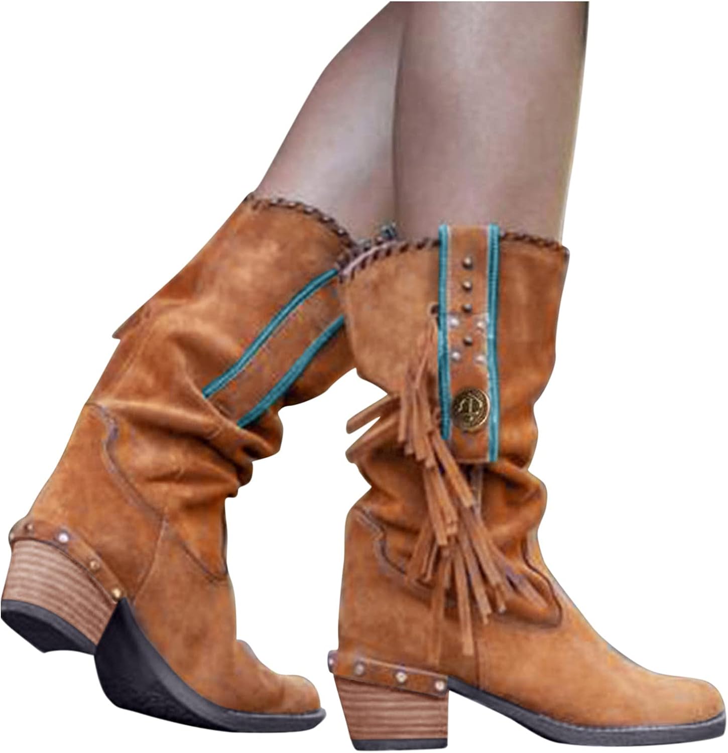  | Women's Modern Western Cowboy Distressed Boot with Pull-Up Tabs Retro Fringed Square Heels Casual Shoes Sleeve Boots | Knee-High