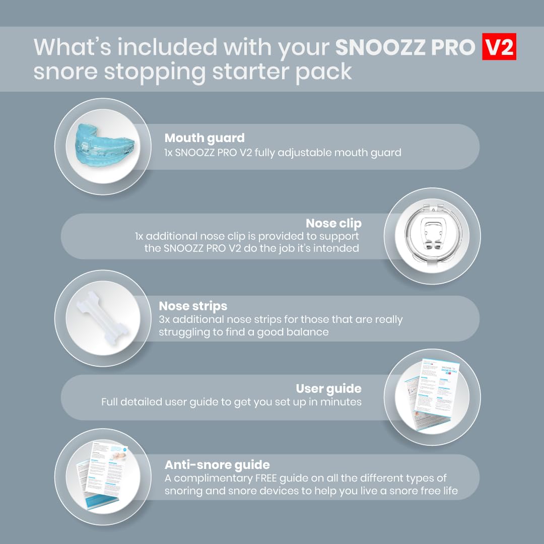 -No1 SNOOZZ PRO V2 with All Accessories- USA Approved 2pc Design, FDA Cleared Medical Grade Material, Anti Snoring Devices, Snoring Mouth Guard, Snoring Solution, Stop Snoring Anti Snoring Mouthpiece