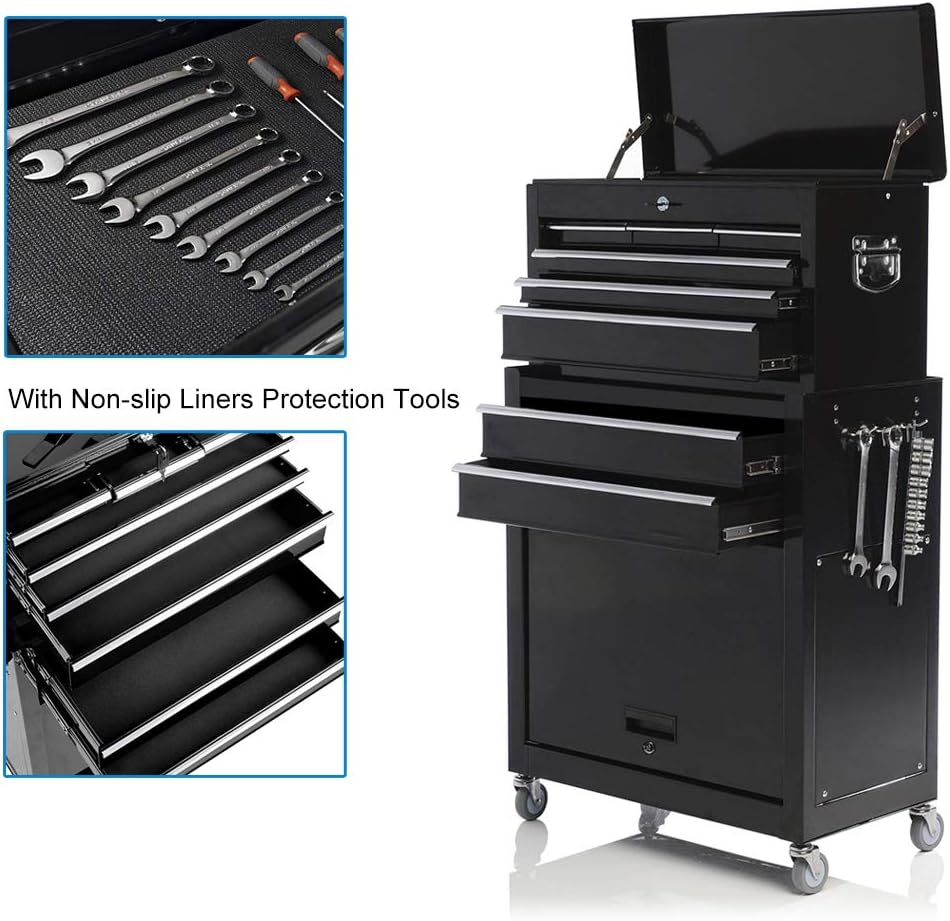 Tool Box Rolling 2 in 1 Portable Tool Chest Cabinet Top&Bottom Key Lockable Storage Tool box with 4 Swivel Wheels (2pc with brake), 8-Sliding Drawers Removable Toolbox Organizer, Black.