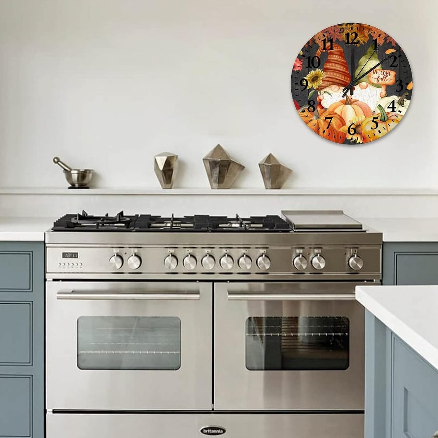 12 Inch Welcome Fall Gnome Pumpkins Clock Wall Quartz Analog Quiet Thanksgiving Maple Leaves Seasonal Holiday Modern Clock Arabic Numeral Round Clock for Bathroom Kitchen Living Room Bedroom