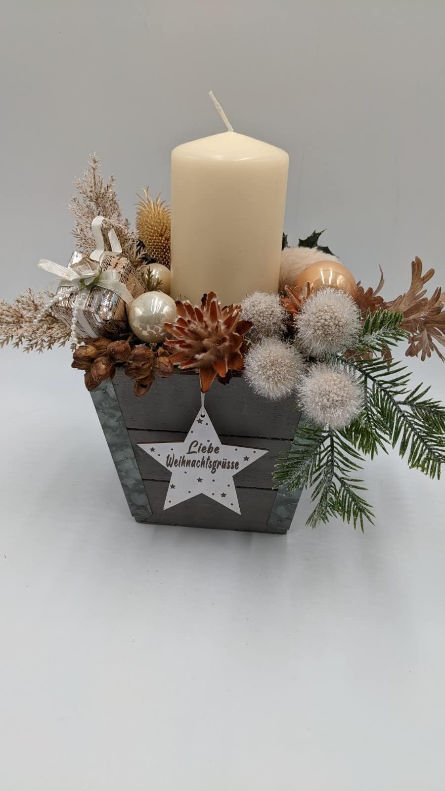 Wintergesteck Weihnachtsgesteck Tischgesteck Stern Kerze Creme grau
