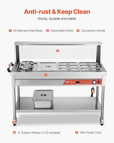 Miniatura 5 de VEVOR Calentador de alimentos comercial, 7 sartenes + 2 ollas, mesa de vapor eléctrica, 1800 W, calentador de alimentos profesional para catering de