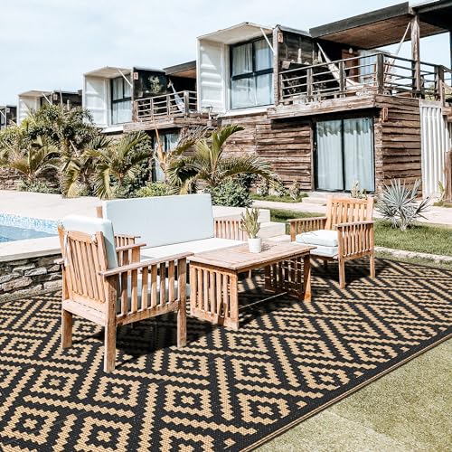 Image of GENIMO Outdoor Rug, Waterproof Plastic Rugs 10'x20' for Camping Black Brown | Outside Larger Modern Carpet Mat for Patio Decor, RV, Porch, Camper, Deck, Picnic, Beach, Backyard, Reversible, Foldable