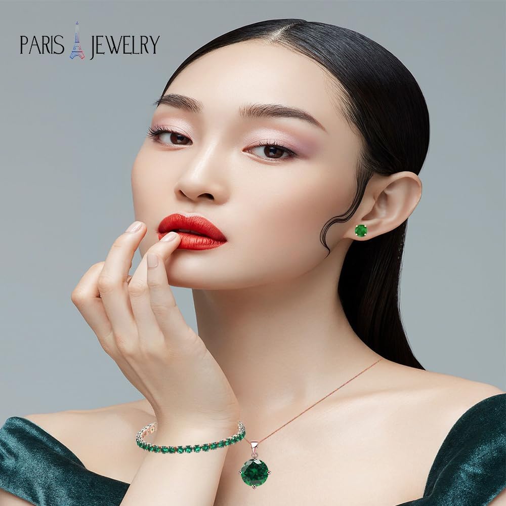 Paris Jewelry 18K Rose Gold Plated 3 Set Round Necklace, Earrings, Tennis Bracelet Jewelry Set, Emerald Birthstone Jewelry, Gift for Women