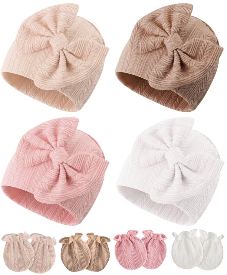 BQUBO Newborn Baby Hats Bear Ears and Mittens Sets Preemie Caps Baby Boy Girl Infant Hospital Beanie for 0-3 Months