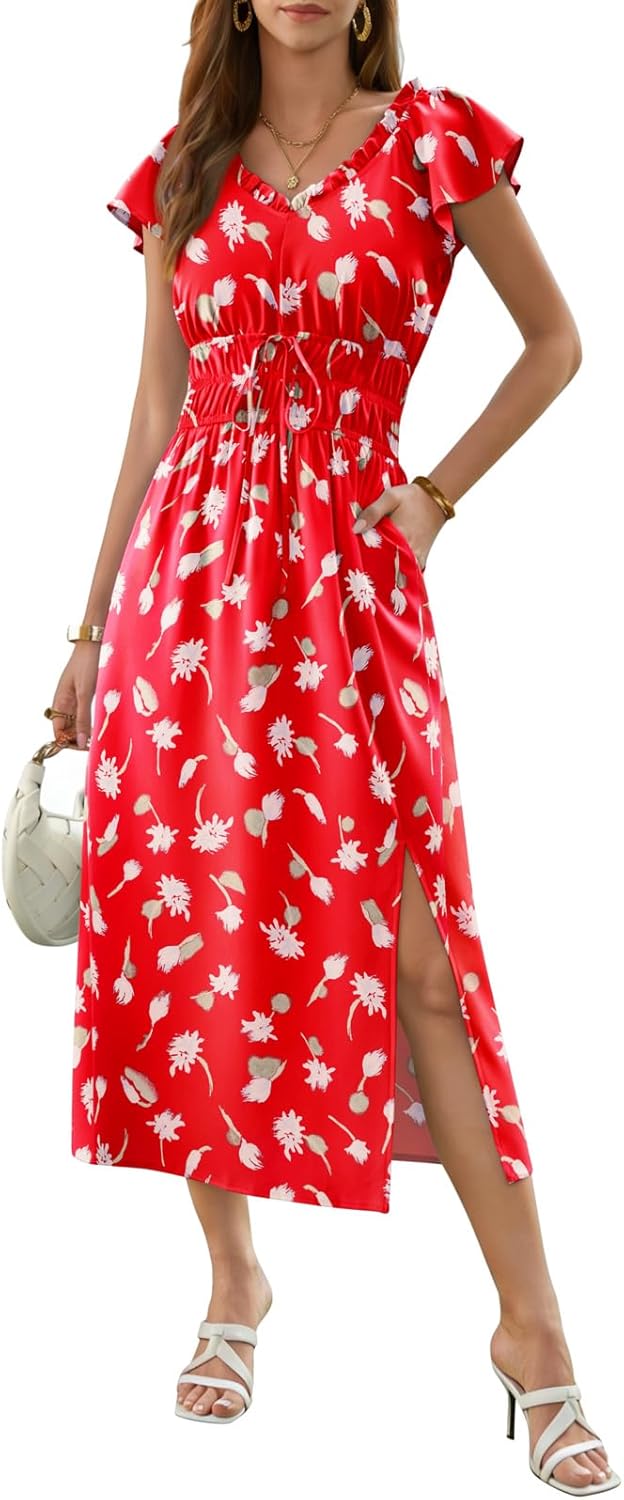 Yousify Women's Summer Dresses Casual Floral Boho Short Sleeve V Neck Slit Ruffle Beach Midi Dress Vacation Sundresses