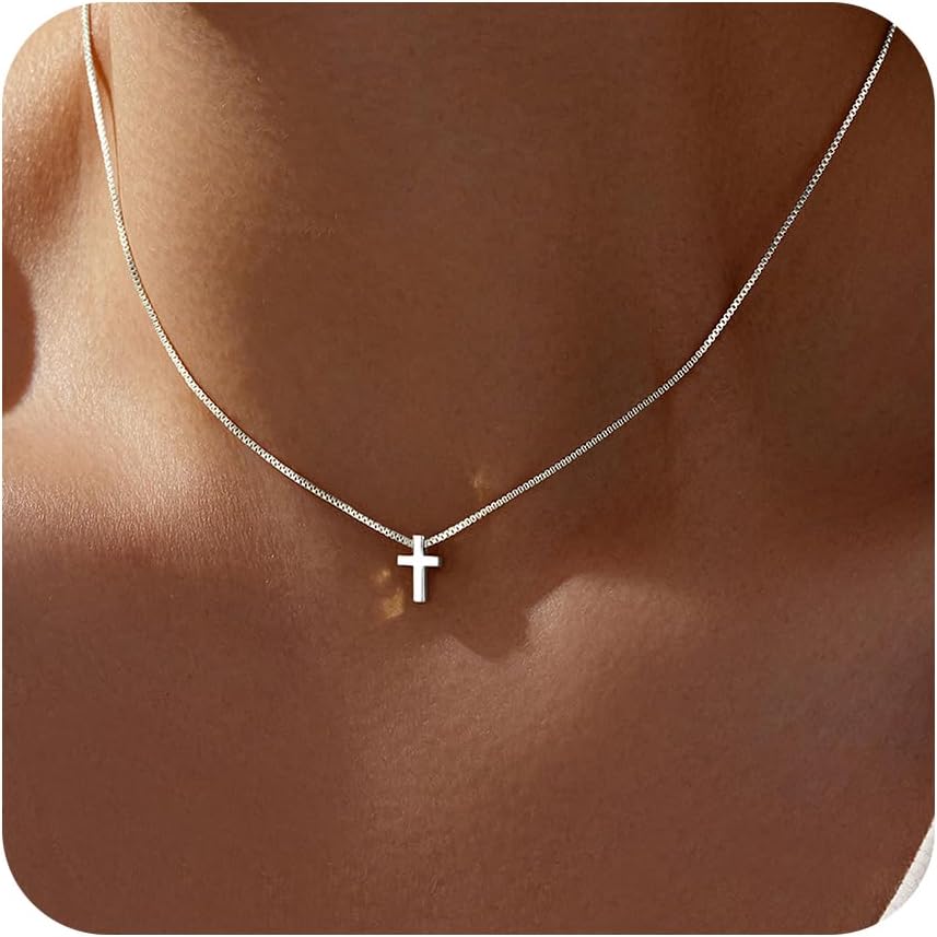 Easter Basket Stuffer Cross Necklace for Women Girls, Dainty 14K Gold Silver Plated Cross Choker Jewelry Non Tarnish Waterproof Cute Simple Small Necklace Christian Baptism Religious Faith Jewelry Gifts