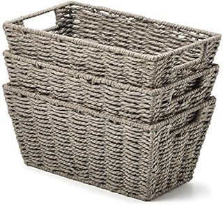 EZOWare Set of 3 Paper Rope Woven Wicker Storage Baskets Bins with Handles, Braided Multipurpose Organiser container - Grey