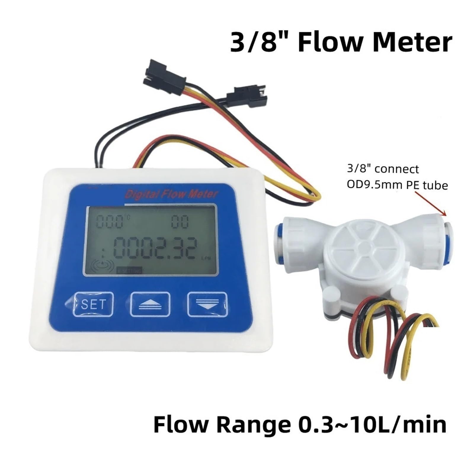 Pantalla LCD Digital Sensor de Flujo de Agua medidor de Flujo totalímetro con Flujo de turbina de 3/8 "/1/4" medidor de Trabajo de batería HaiHuiLai para Agua Líquida, Diésel(3-8 Quick fit)