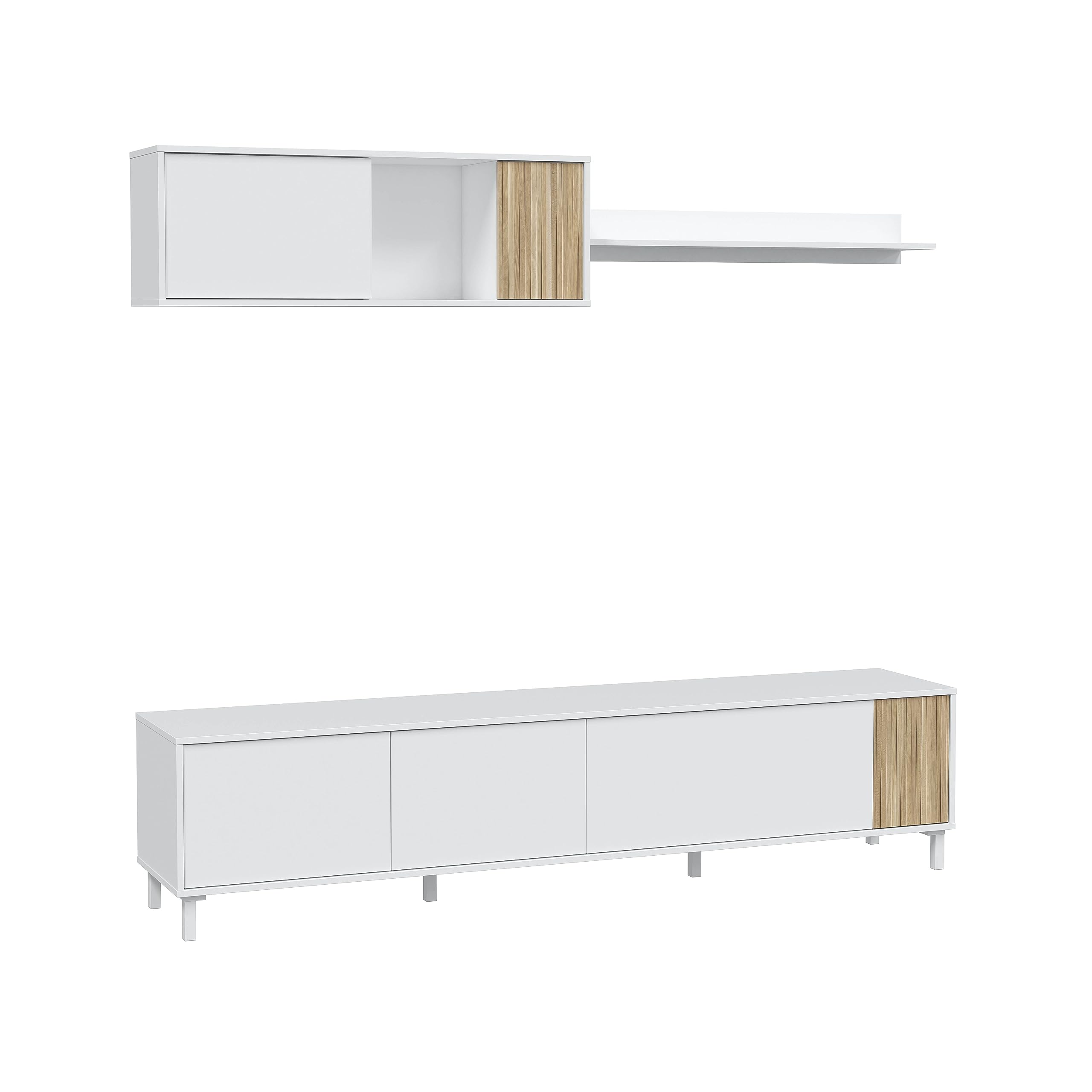Mobelcenter, Mueble Salon 200 cm, Mueble TV salón, Mueble Salón Ethna, Mueble Comedor Blanco y Natur. Medidas: 200 cm Ancho x 30 cm Alto x 40 cm de Fondo
