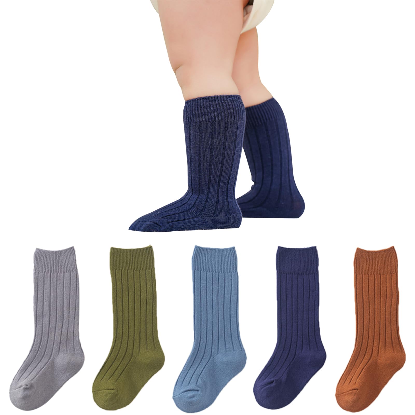 Apone Fatu Baby Girls Boys Socks, Cotton Toddler Knee-High Stockings, Kids Warm Solid Color Long Socks (US, Age, 0 Months, 6 Months, Baby Knit 5Pairs)