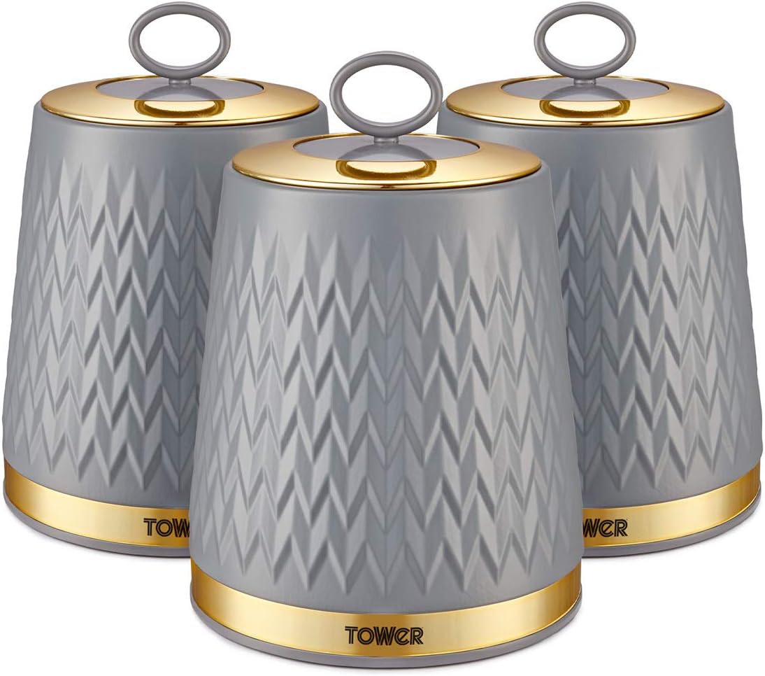 Tower T826091GRY Empire Set of 3 Storage Canisters for Tea Coffee Sugar, Grey and Brass, 1.3L, One Size