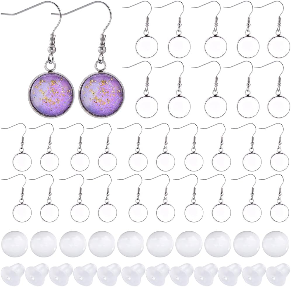 SOFPLATE 1 Box 50Pcs 14Mm Round Earring Blanks Stainless Steel Bezel Earring Blanks Bulk Silver Blank Earring Settings with Glass Cabochons Dangle Earring Bezels for Jewelry Making Kits Supplies DIY