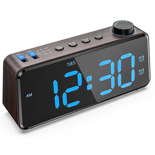 ANJANK Digital Alarm Clock with Large LED Display, Dual Alarms, USB Charging, FM Radio with Sleep Timer, Easy to Set, Blue