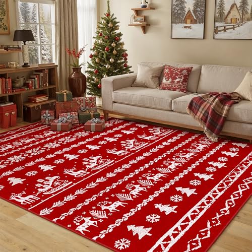 Christmas Area Rug 5x7 Red Kitchen Washable Carpet Xmas Snowflake Holiday Decor Indoor Throw Rug Living Room Soft Low Pile Carpet Non Slip Bedroom Din