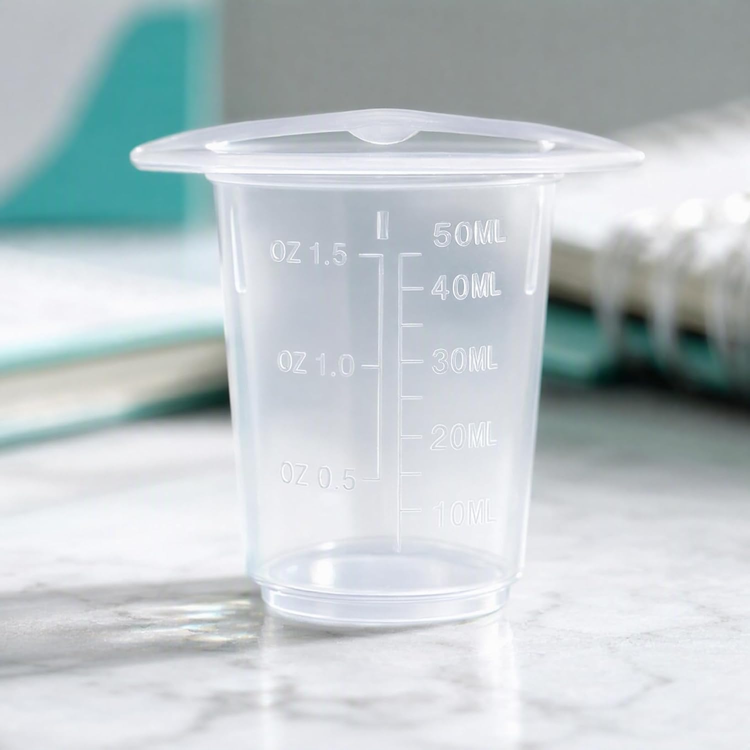 IMIKEYA 20 Pack 50 mL Plastic Graduated Measuring Beakers | Clear Triangle Mixing Cups with Tapered Spouts for Resin, Paint, Lab and Craft Liquid Measuring