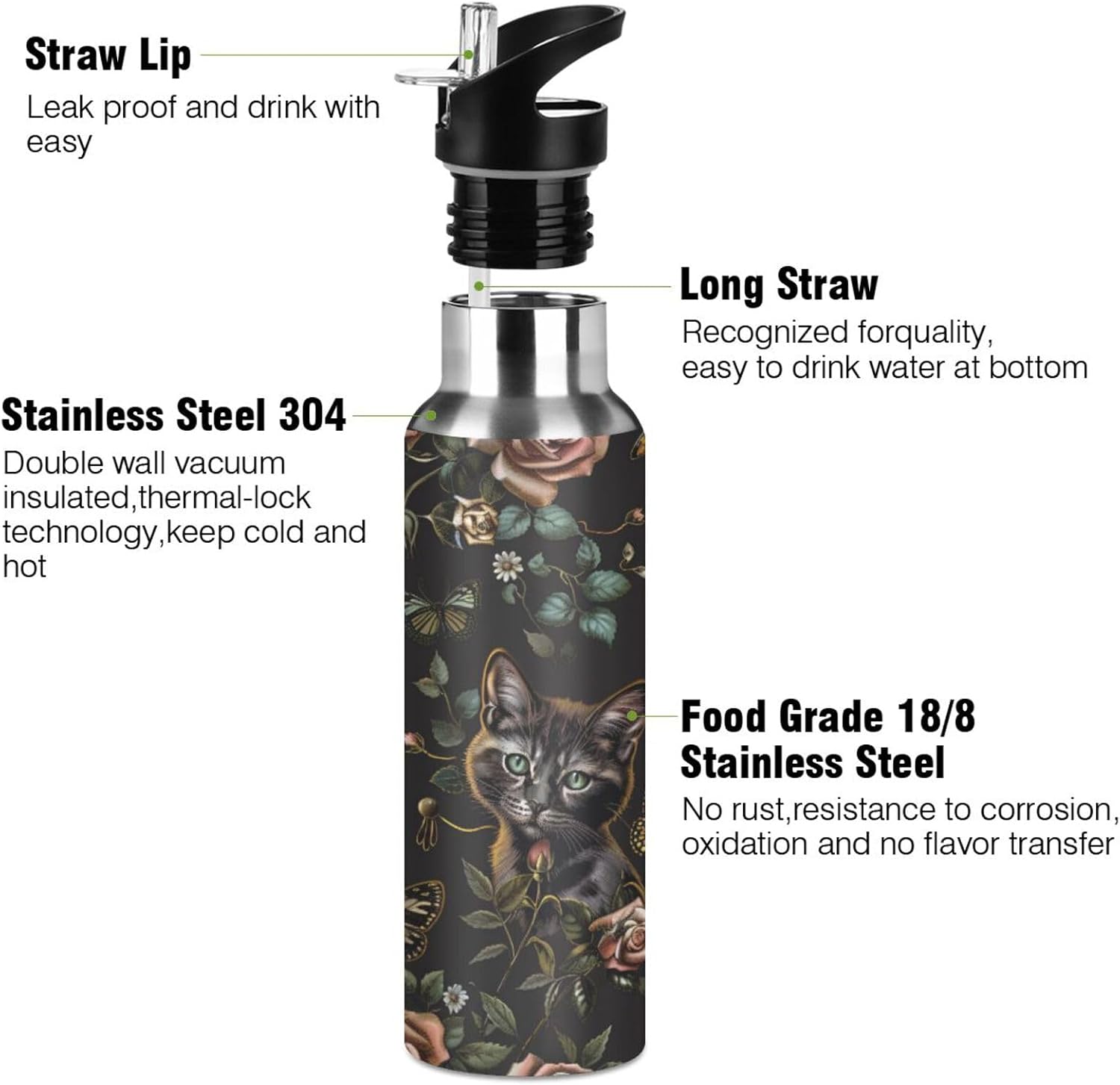 senya 20 Oz Water Bottle with Straw Black Skulls Cats Gothic Style Stainless Steel Water Bottle for Traveling Sports Leakproof Insulated