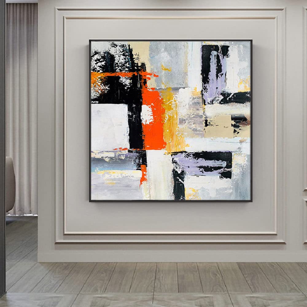 Pintura Al Óleo Pintada A Mano Cuadros,Pintura Acrílica 100% Dibujada A Mano, Abstracta Moderna, En Blanco Y Negro, Naranja