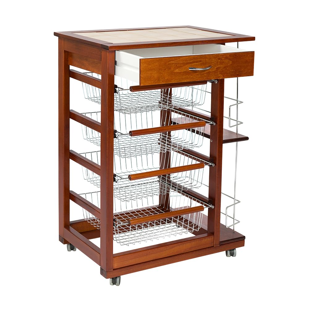 Carrello LANDHELL da cucina con ruote cassetto portafrutta portabottiglie in ferro (Ciliegio)