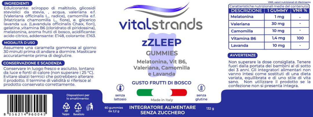 VITALSTRANDS zZLEEP | Melatonina per Dormire forte con l'aggiunta di erbe | Pastiglie per Dormire Meglio con Melatonina e Valeriana, Vitamina B6, Camomilla e Lavanda | 60 Caramelle per Dormire
