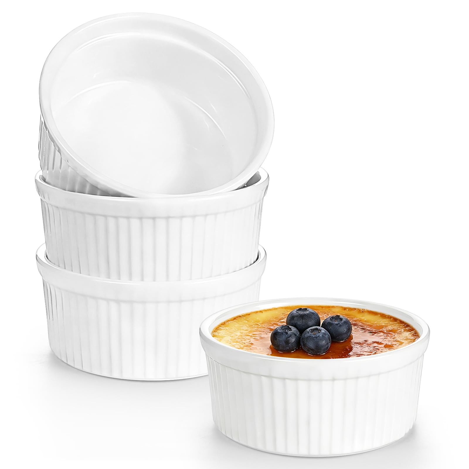 Aleker Set of 4 Small Ramekins,4In Creme Brulee Ramekins,Souffle Dish,Small Bowl,Sauce Pots,Dipping Bowls for Soufflé,Creme Brulee,Cupcakes,Custards,Pudding,Ice Cream,Dips,Jams Oven Dishwasher Safe