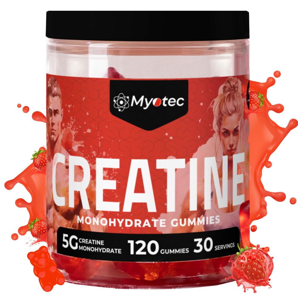 MYOTEC Creatina monohidratada em gomas com L-taurina e vitamina B12, 5 g por porção, 120 gomas