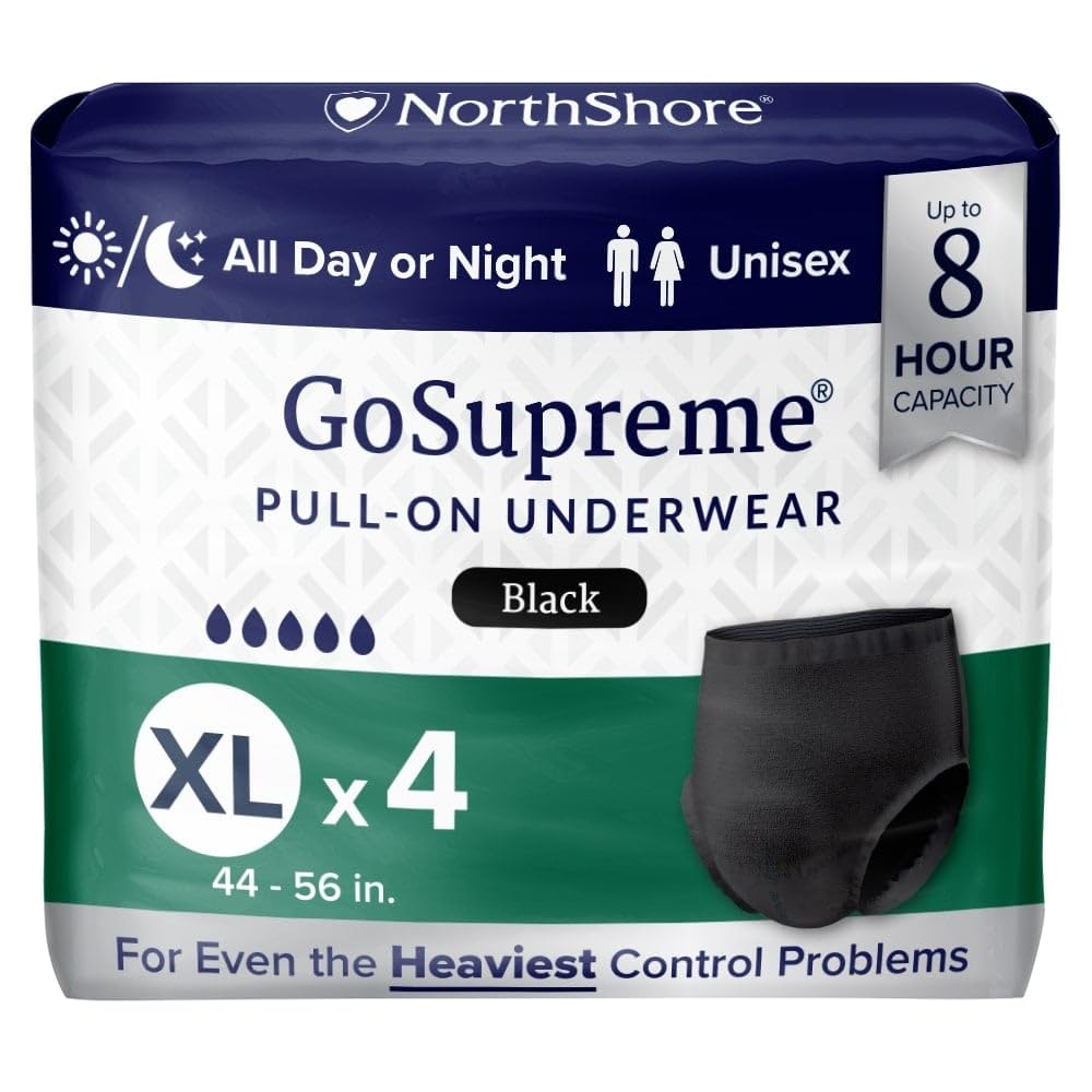 NorthShore GoSupreme Overnight Pull-On Underwear, 8-Hour Leak Protection, X-Large, 4-Count Starter Bag, Black, (44-56 in Waist), Unisex Adult Diapers