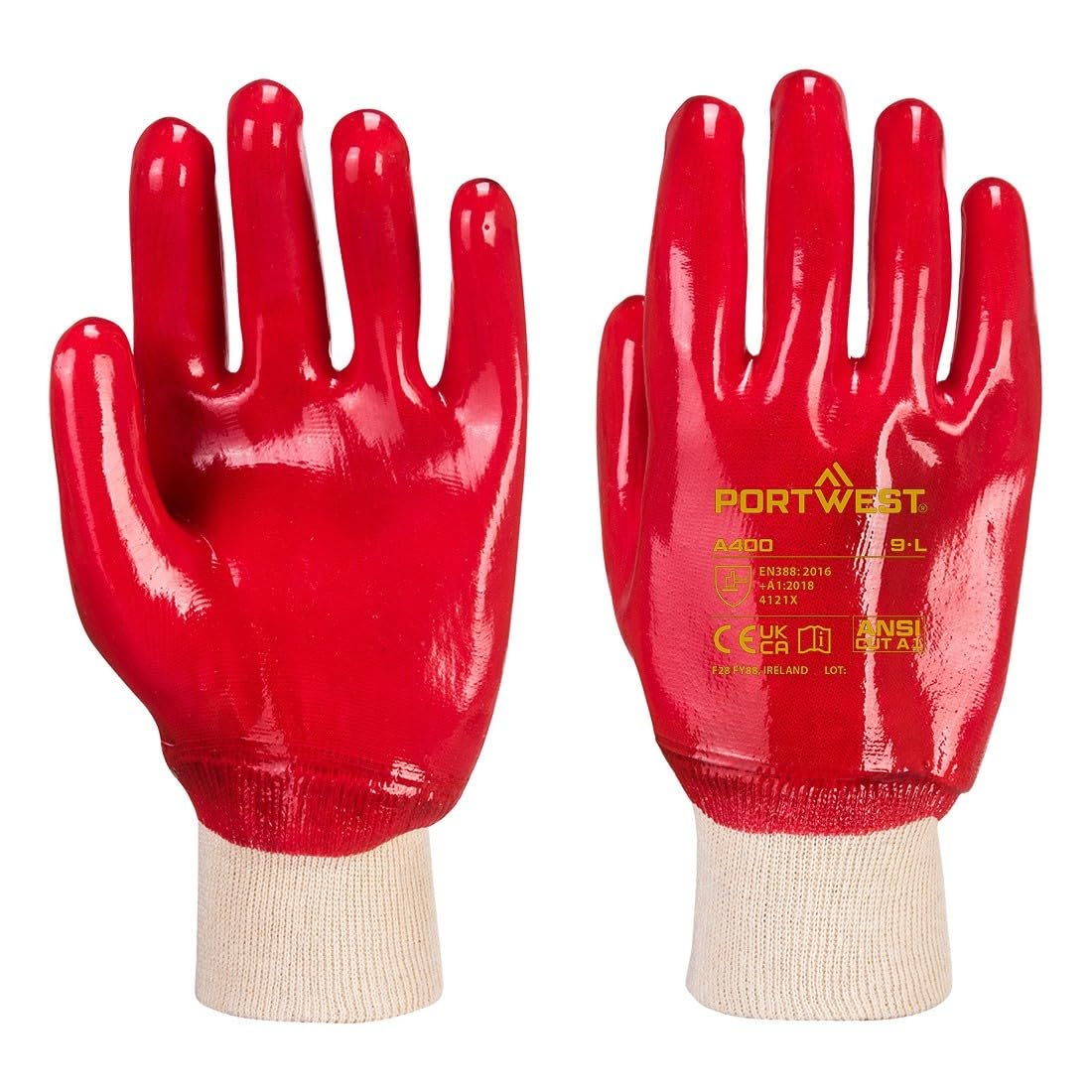 12 Pairs. A400 - Grip PVC Knitwrist Dipped Waterproof Gloves. Red. (Extra Large - 10)