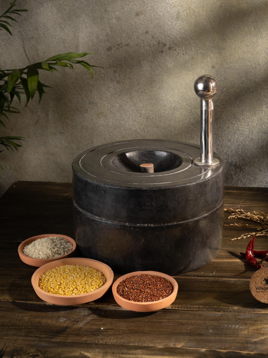 Handmade Traditional Stone Millstone/Grinder/Polished Endhirm|Mortar and Pestle (Dia- 9 Inch)