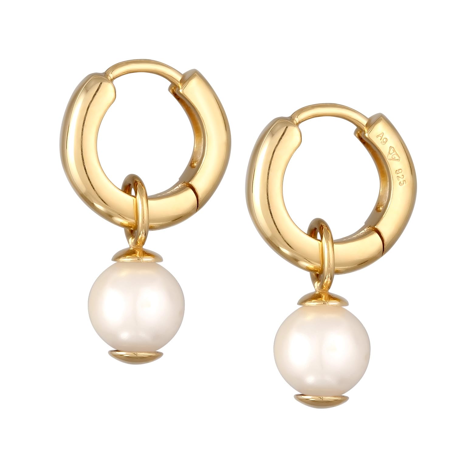 Kuzzoi Orecchini da uomo in argento 925 placcato oro (12 mm) orecchini a cerchio rotondi per l'uomo classici orecchini con perla di conchiglia, Argento sterling Oro giallo