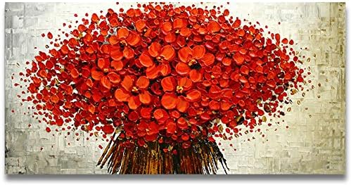 Orlco Art Hand painted landscape abstract palette knife red cherry petal landscape oil painting canvas family wall living room art Framed Ready to Hang 24x48inch