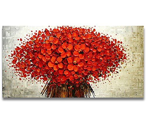 Orlco Art Oil Painting with red Cherry Leaves and Blue Trees, Hand Painted, Large Format, Abstract Art, Wall Decoration, Shovel, Structured Oil on Canvas, Canvas, red Flowers, 24x48 inches