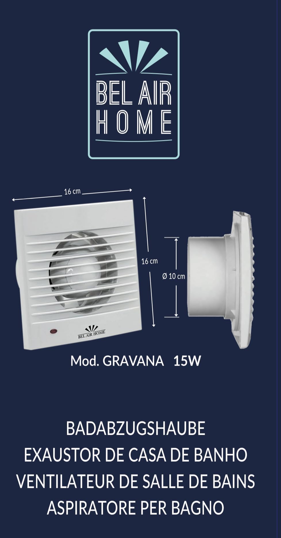 BEL AIR HOME Extractor baño silencioso Gravana blanco 15W, 120m³/h, policarbonato, empotrable, compatible con boca 100mm, 40dBA, 15,9x15,9x10cm, ventilación hogar oficina