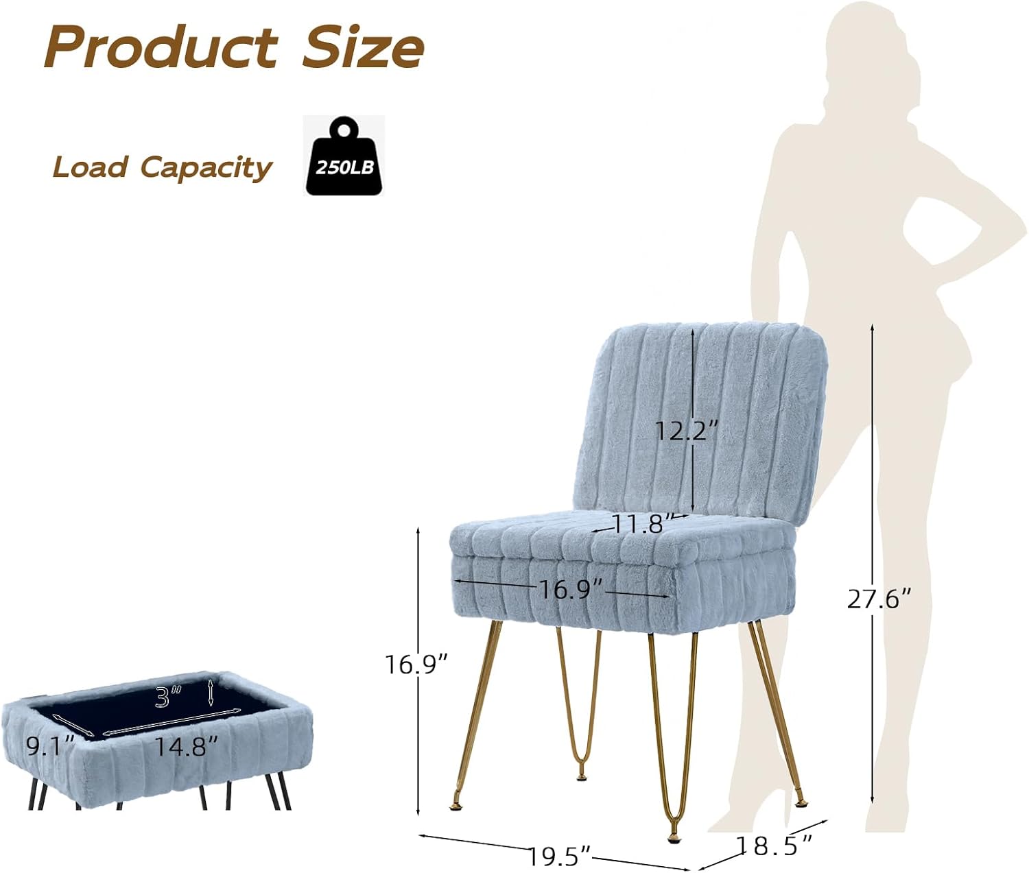 Vanity Chair with Storage | Comfy Ottoman with Folding Back image 3