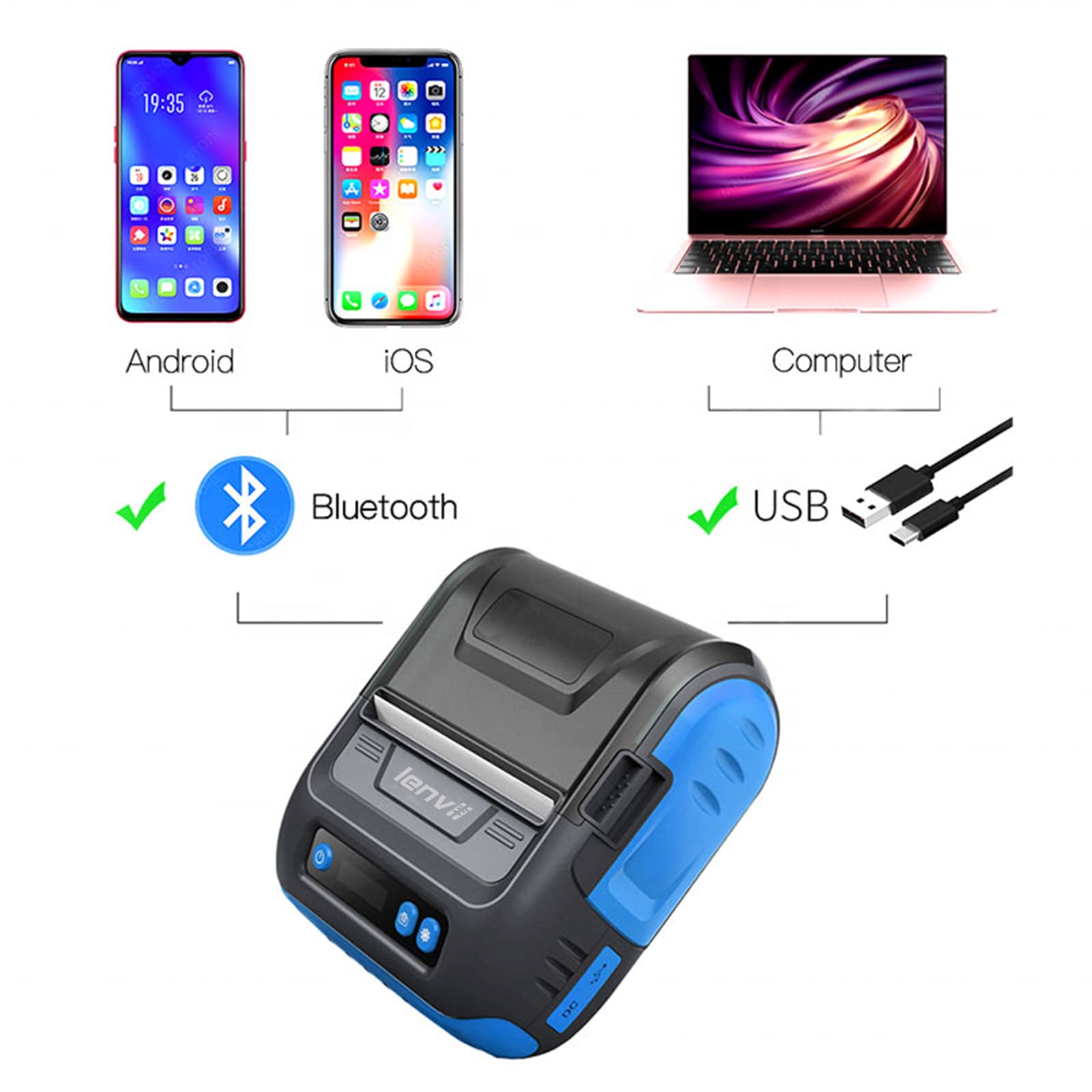 LENVII LV-378B 80mm Impresora de Etiqueta térmica Bluetooth 3 Pulgadas Impresora de código de Barras Mini recibo Impresora Dos en uno Compatible con el Sistema Android/iOS